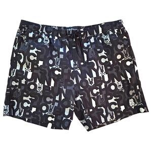 Psycho Bunny Swim Trunks Mens XL Black All Over Print Drawstring Lined Pockets